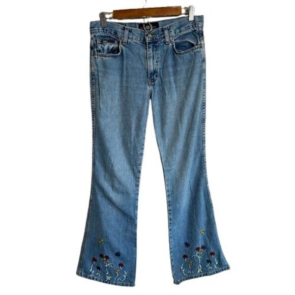 VTG Y2K LEI Flare Jeans Juniors 9 Mid Rise Floral Embroidered Hem 100% Cotton - Picture 1 of 9